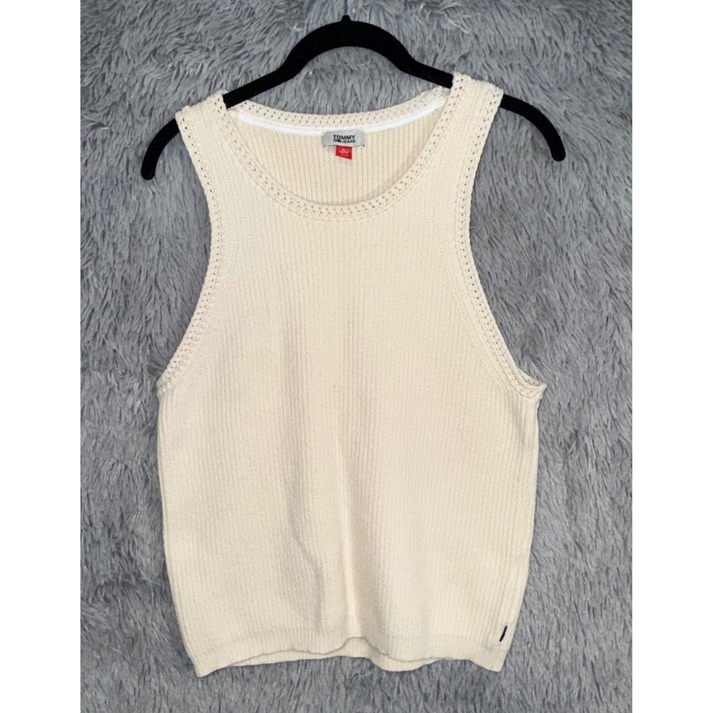90's Vintage Tommy Jeans Cream Ribbed Knit Sleeveless Tank Top Womens XL